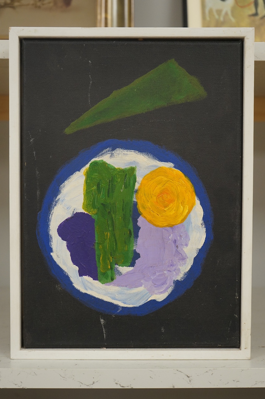 John Hayland ?, abstract oil on canvas, ‘Encircling trinity’, indistinctly signed and dated 2.6.82 verso, 35 x 25cm. Condition - fair, some scuffs